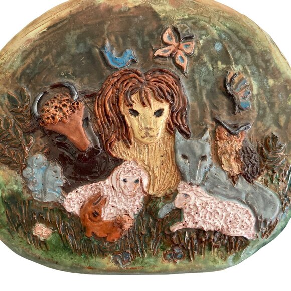 Whimsical Naive Animals Art Pottery Wall Plaque Decor Lion Lamb Fox Owl Bull - Picture 2 of 5